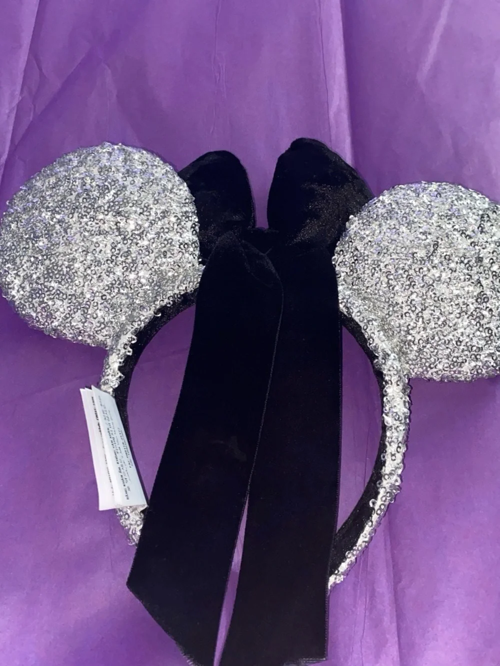 Disney Silver Sequin Minnie Ear Headband with Black Velvet Bow